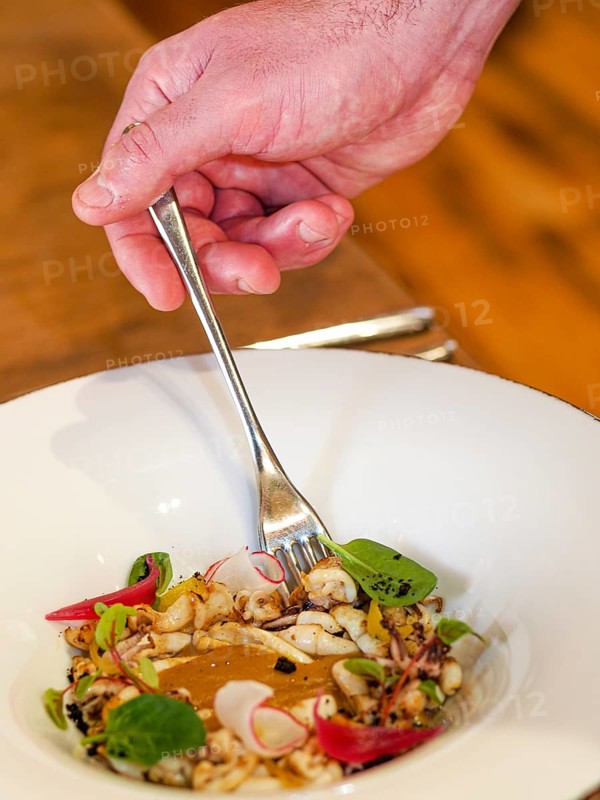 Hand with fork picking from a dish of pan cooked grilled flambe atlantic squid iplated with potato rich sauce cream reduction