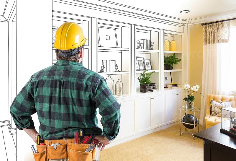 Facing custom built-in shelves and cabinets design drawing gradating to finished photo