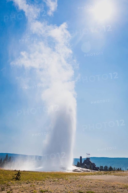 Old faithful geyser erupting at yellowstone national park