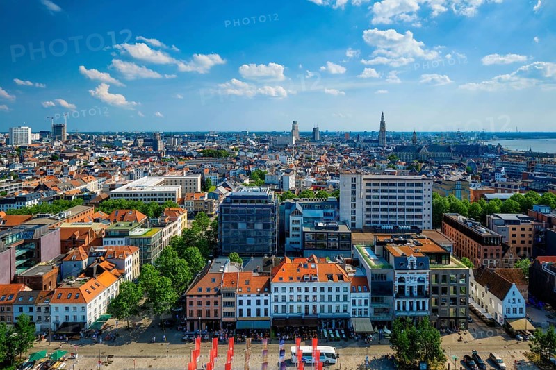Aerial view of Antwerp city cetner with Cathedral of Our Lady Antwerp