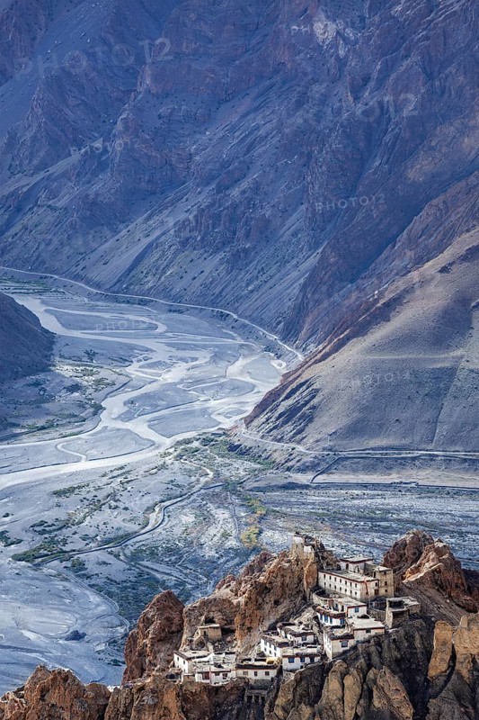 Famous indian tourist landmark Dhankar monastry perched on a cliff in Himalayas. Dhankar