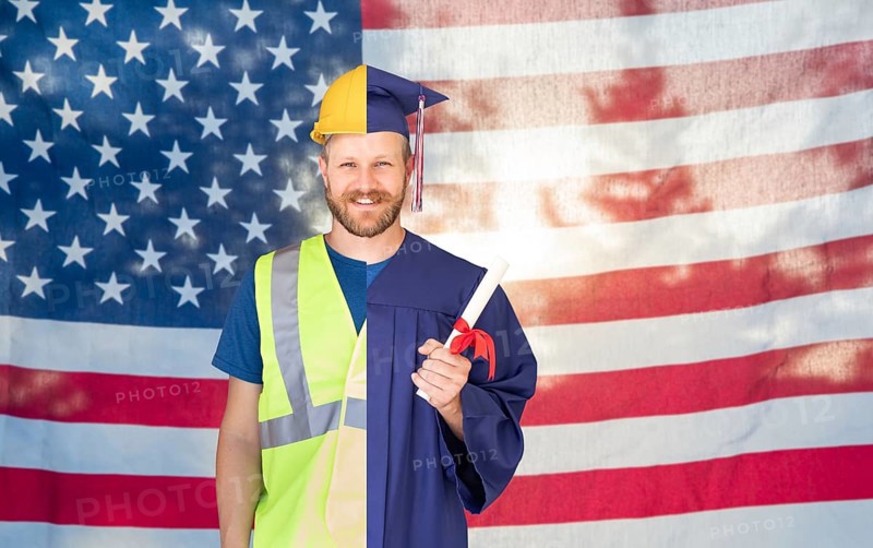 Split screen male graduate in cap and gown to engineer in hard hat in front of american flag