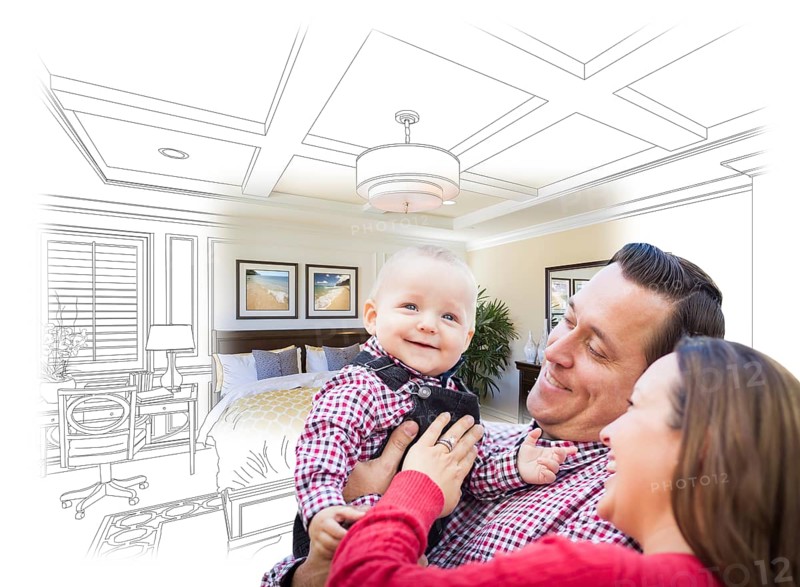 Happy young family with baby over custom bedroom drawing and photo combination
