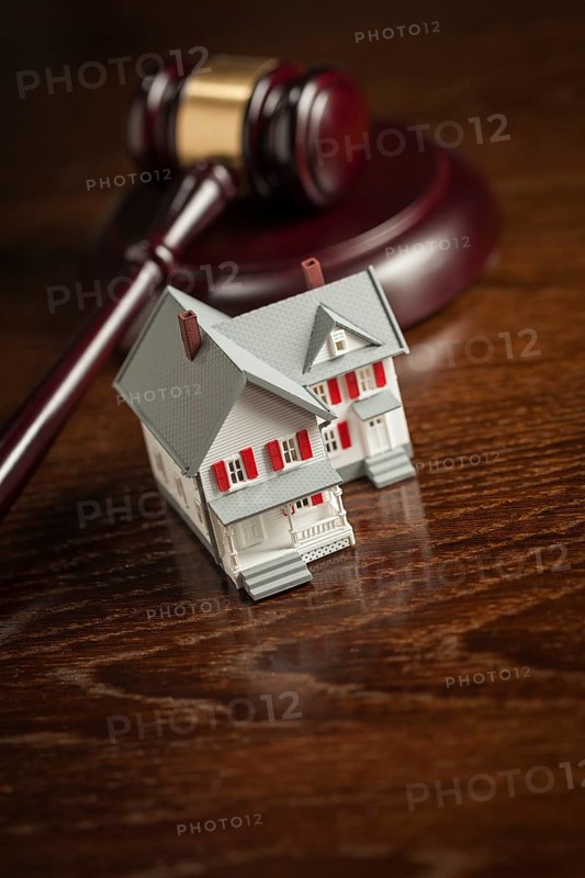 Gavel and small model house on wooden table