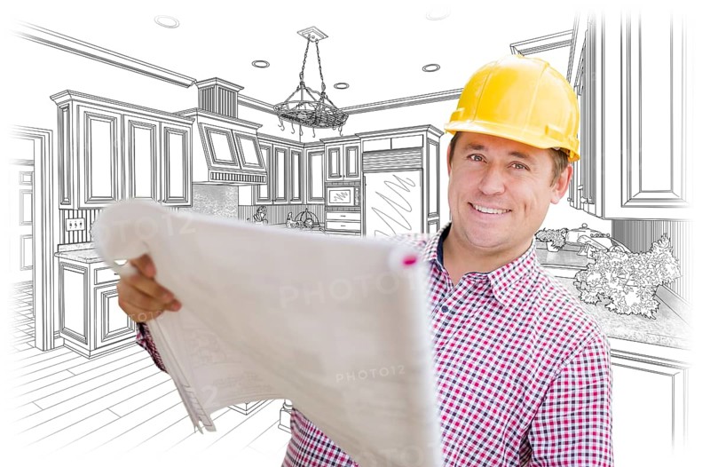 Smiling contractor holding blueprints over custom kitchen drawing