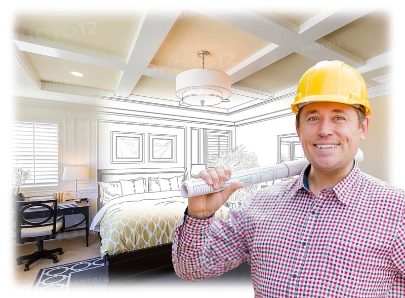 Smiling contractor in hard hat with roll of plans over custom bedroom drawing and photo combination