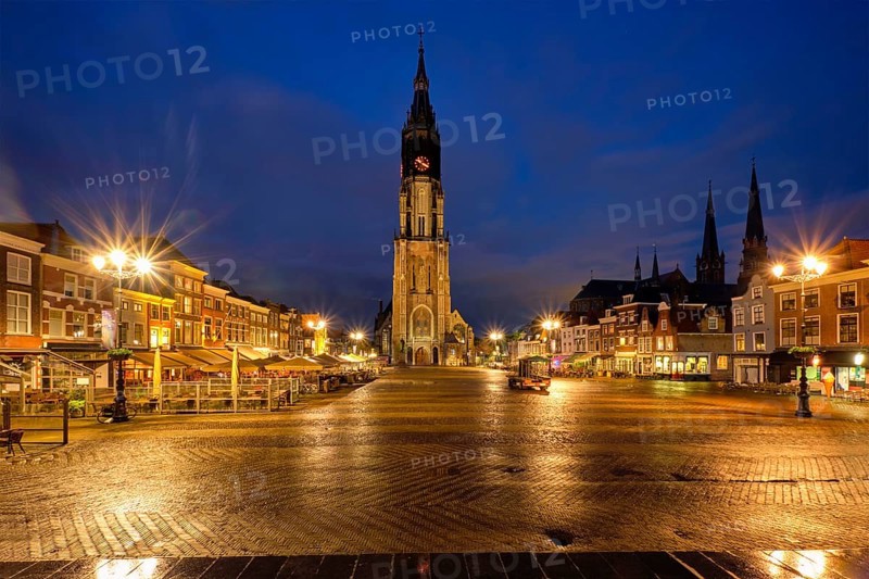 Nieuwe Kerk New Church protestant church on Delft Market Square Markt in the evening