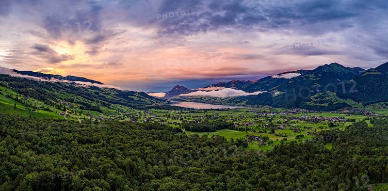 Aerial view over the village of Giswil and Lake Sarnen in the canton of Obwalden