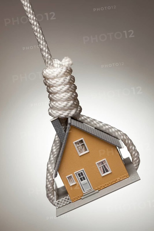 House tied up and hanging in hangman's noose