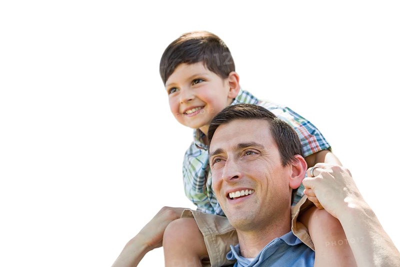 Father and son playing piggyback isolated on a white background