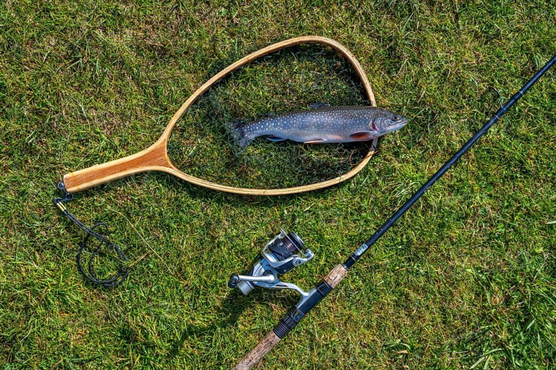 Fishing rod with caught trout and landing net lies on lawn