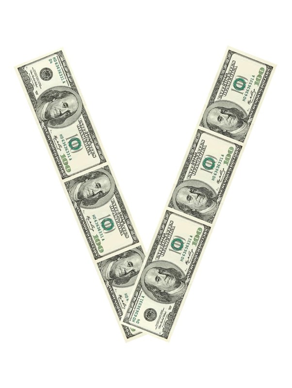 Letter V made of dollars isolated on white background