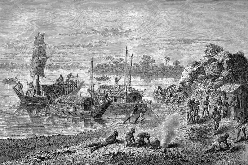 Boats and boatmen on the Ganges in 1880