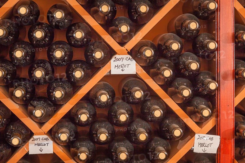 Several varietal wine bottles age on shelf inside dark cellar