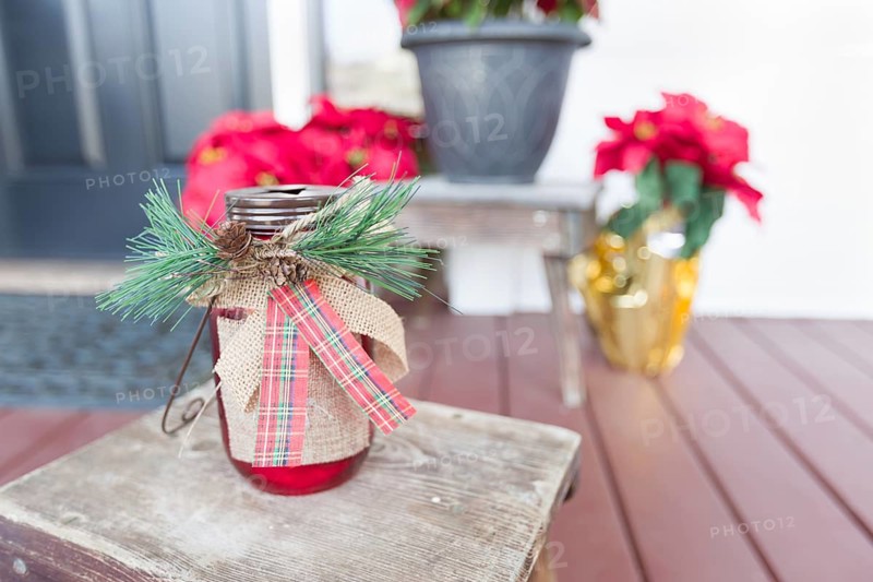Christmas decorations at front door of house