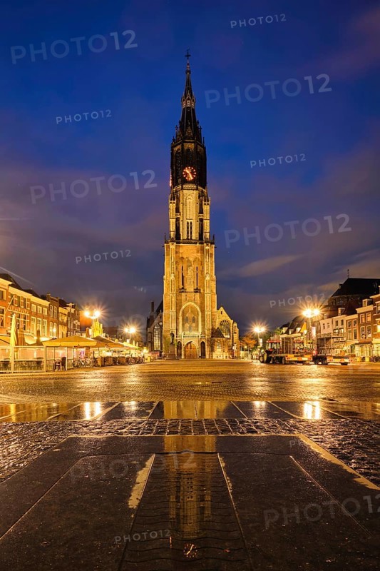 Nieuwe Kerk New Church protestant church on Delft Market Square Markt in the evening