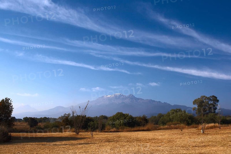 Popocatepetl volcano and blue sky in Mexico