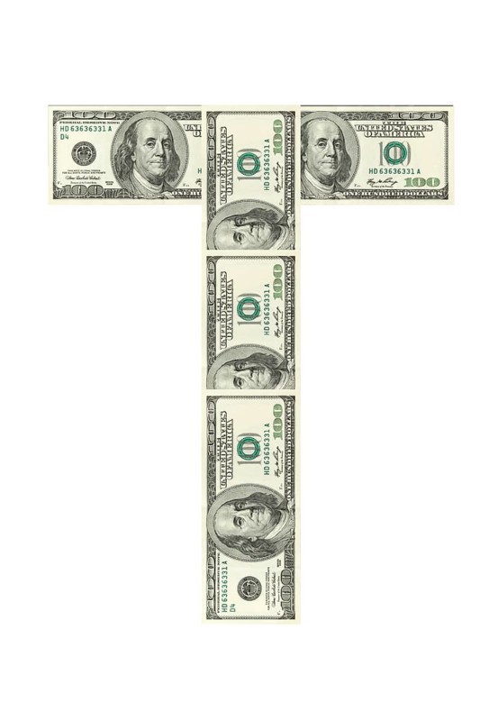 Letter T made of dollars isolated on white background