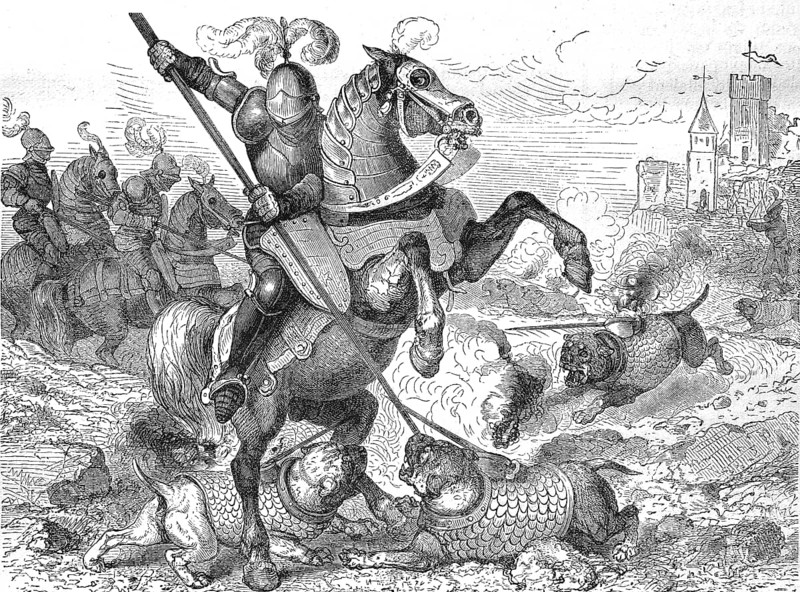 Knights fighting against attack dogs in armour