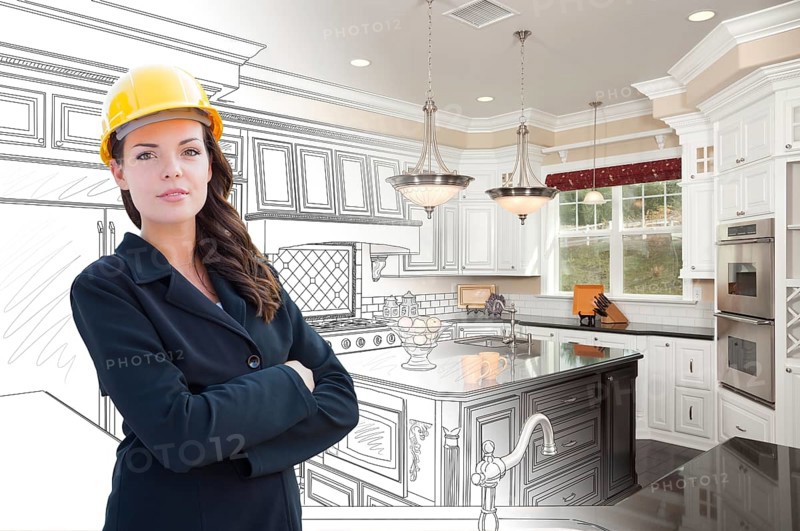 Female contractor over kitchen drawing gradating to photo