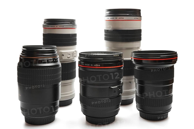 Set of camera lenses isolated on white background