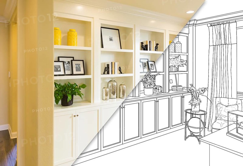 Custom built-in shelves and cabinets design drawing with cross section of finished photo