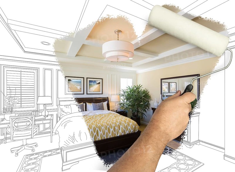 Before and after of man painting roller to reveal newly remodeled master bedroom under pencil drawing plans