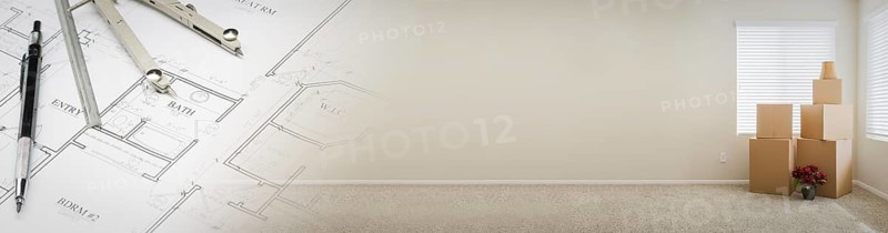 Gradated banner with house plans and empty room with boxes