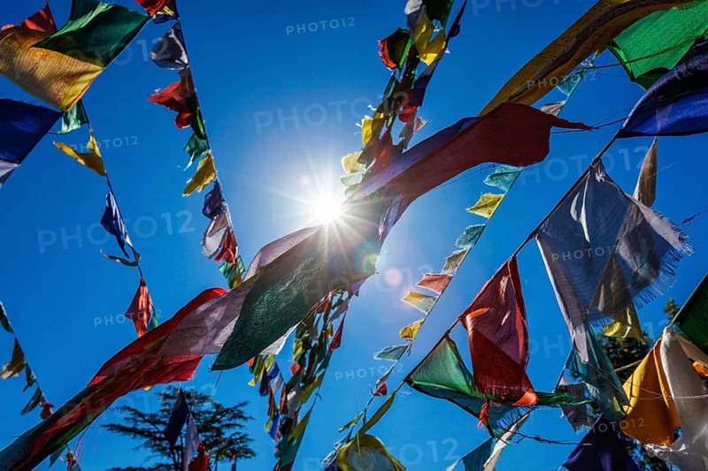 Buddhist prayer flags lungta with Om Mani Padme Hum Buddhist mantra prayer meaning Praise to the Jewel in the Lotus on kora around Tsuglagkhang complex. McLeod Ganj