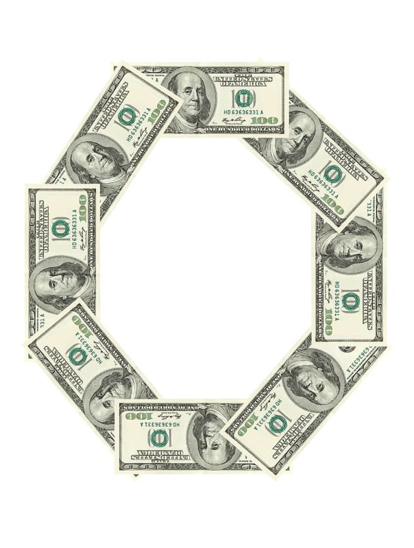 Letter O made of dollars isolated on white background