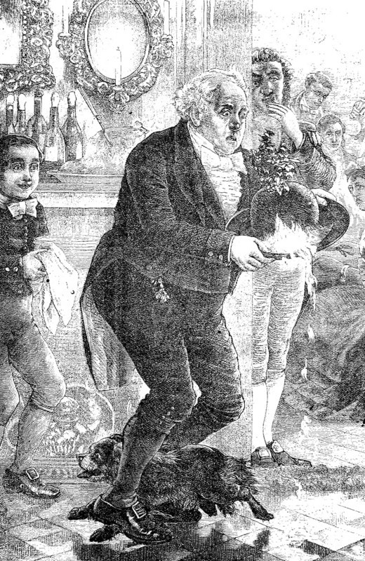 Old man with a burning hat stumbles over a dog