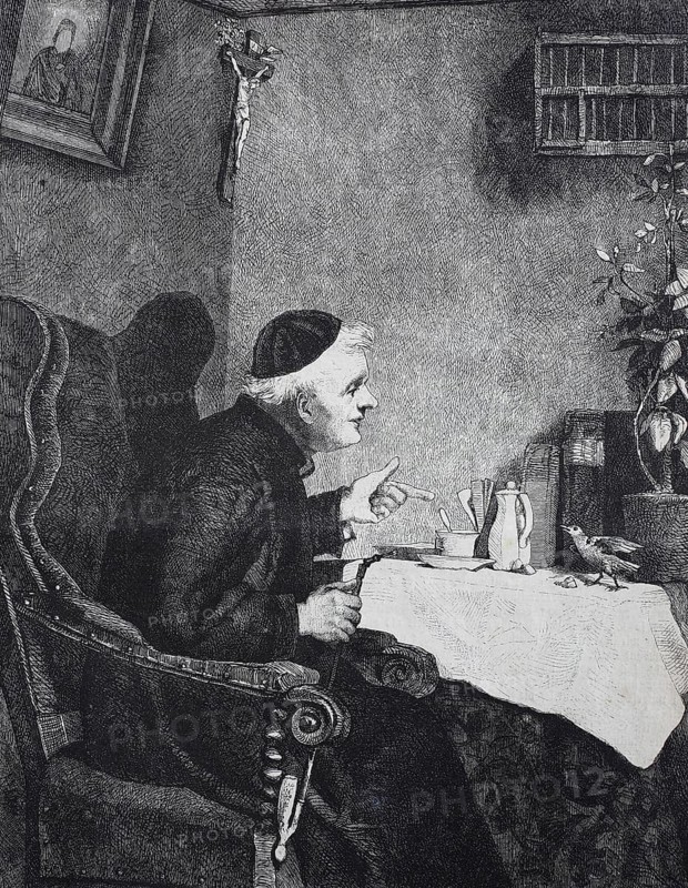 Priest sitting at the table and has caught a bird picking up the cake crumbs