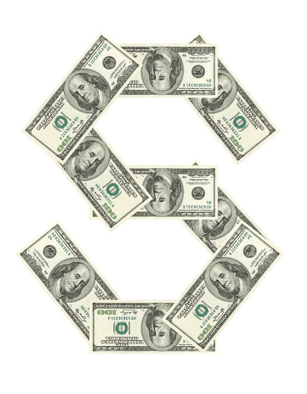 Letter S made of dollars isolated on white background