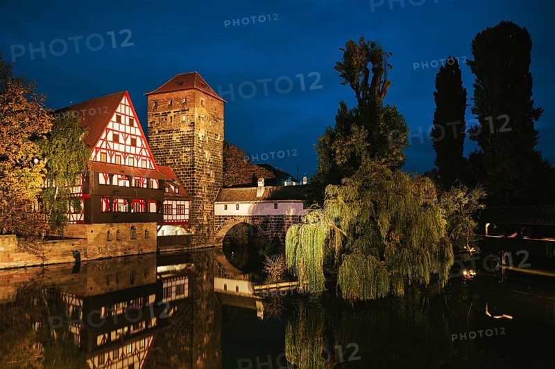 Nuremberg city houses on riverside of Pegnitz river from Maxbrucke