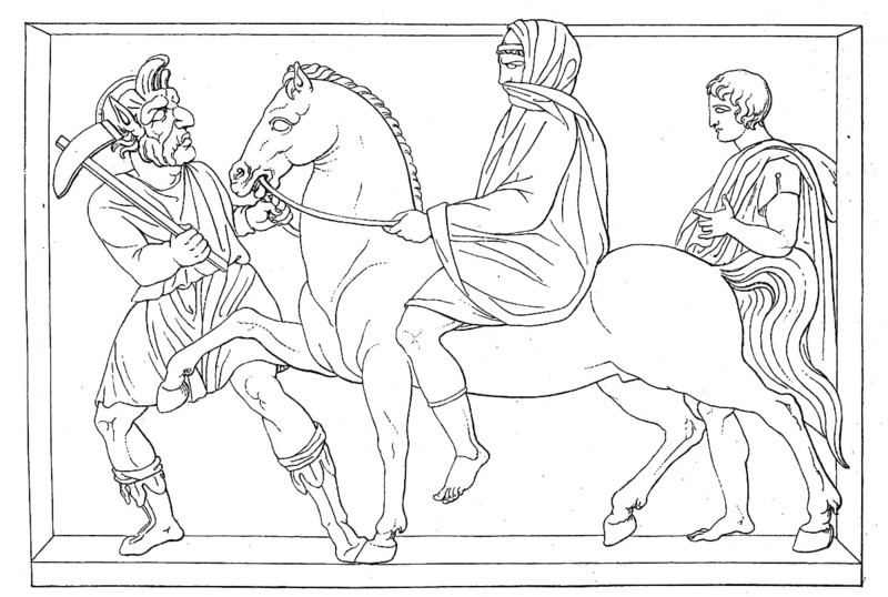 The Etruscan god of death Charon drags away a nobleman accompanied by a servant to slay him