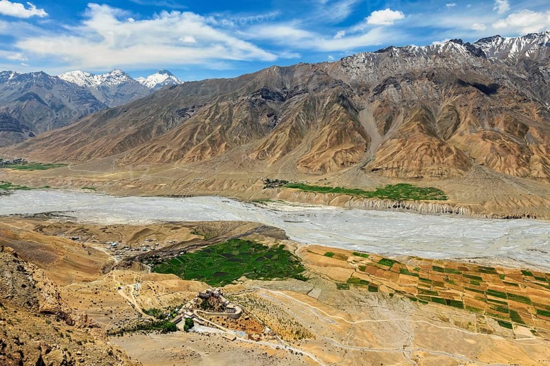 Aerial view of Spiti valley and Key aka Ki gompa Buddhist monastery in Himalayas