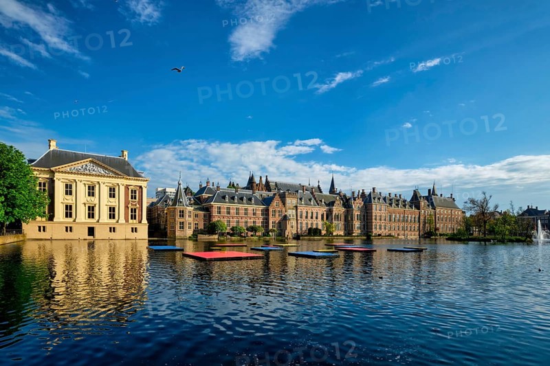 View of the Binnenhof House of Parliament and Mauritshuis museum and the Hofvijver lake