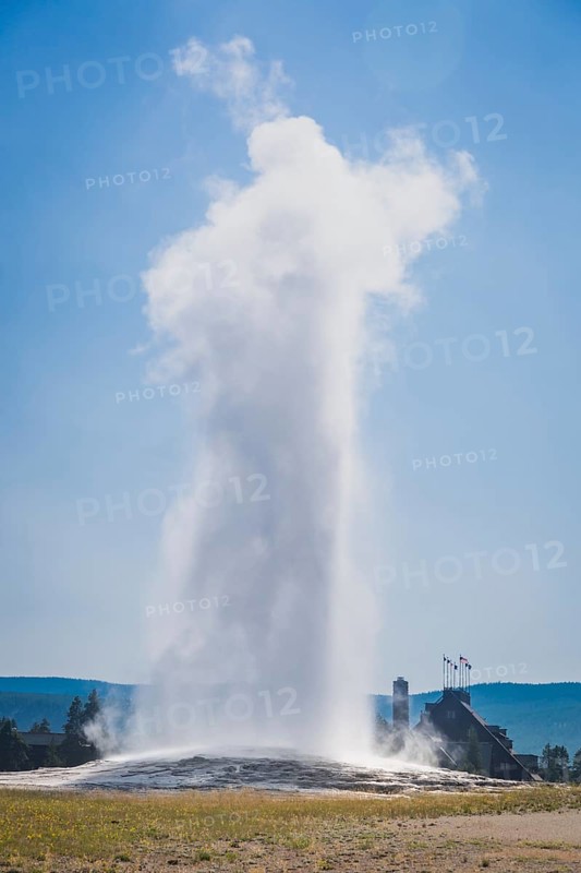 Old faithful geyser erupting at yellowstone national park