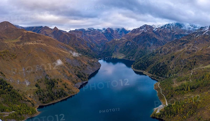 Aerial view of the Lago di Luzzone reservoir in the Valle di Blenio in the canton of Ticino