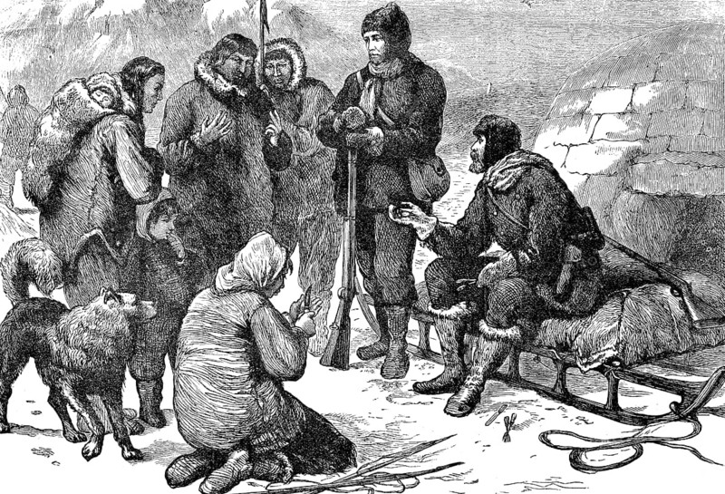Eskimos and fur hunters talking in front of an igloo