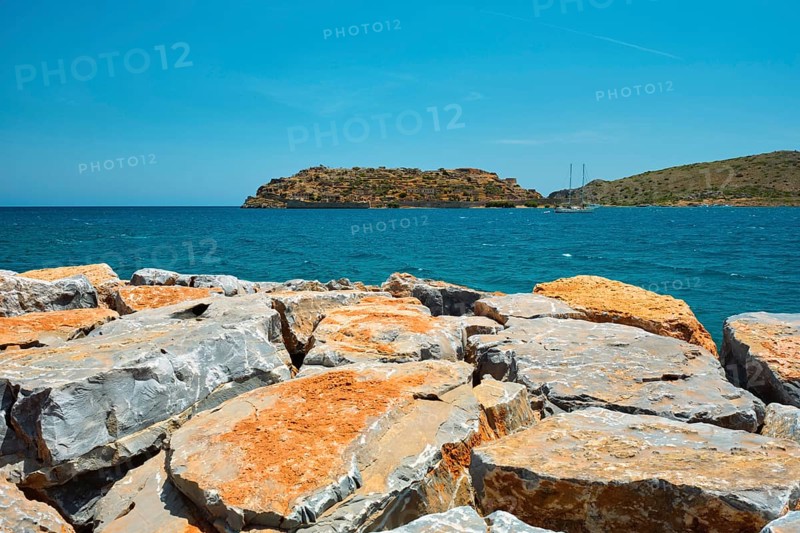 Island of Spinalonga with old fortress former leper colony and the bay of Elounda