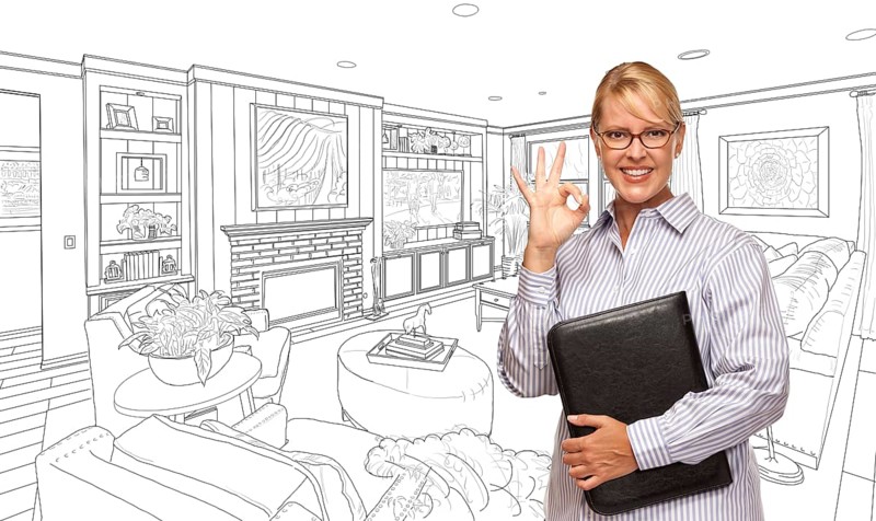 Woman with okay sign over custom bedroom drawing