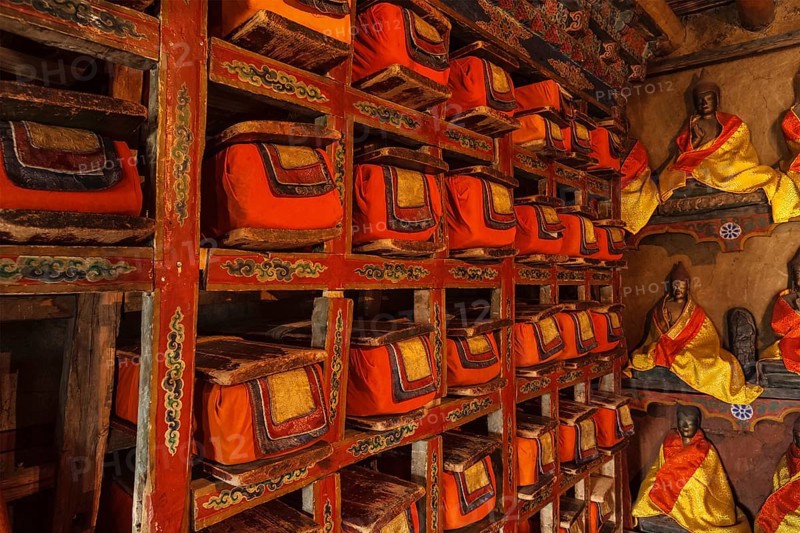 Folios of old manuscripts in library of Thiksey Gompa