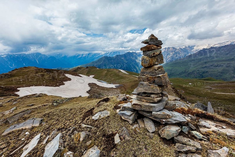 Stone cairn in Himalayas. Near Manali