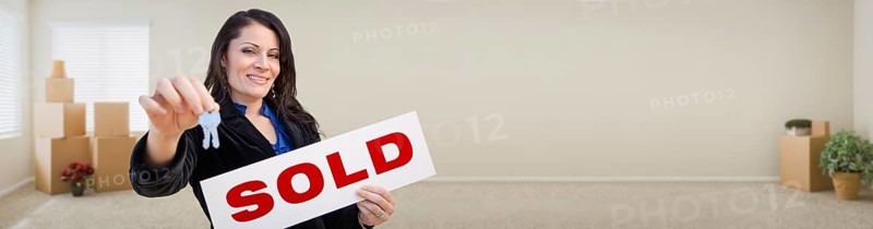 Banner of hispanic woman inside room with boxes holding house keys and sold for sale real estate sign