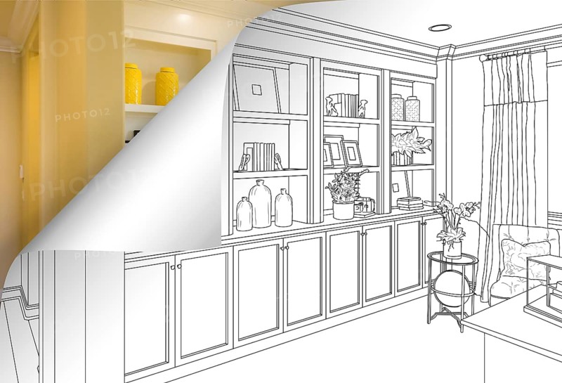 Built-in shelves and cabinets drawing with page corner flipping to completed photo behind