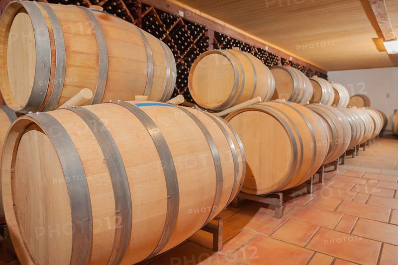 Wine barrels and bottles age inside dark cellar
