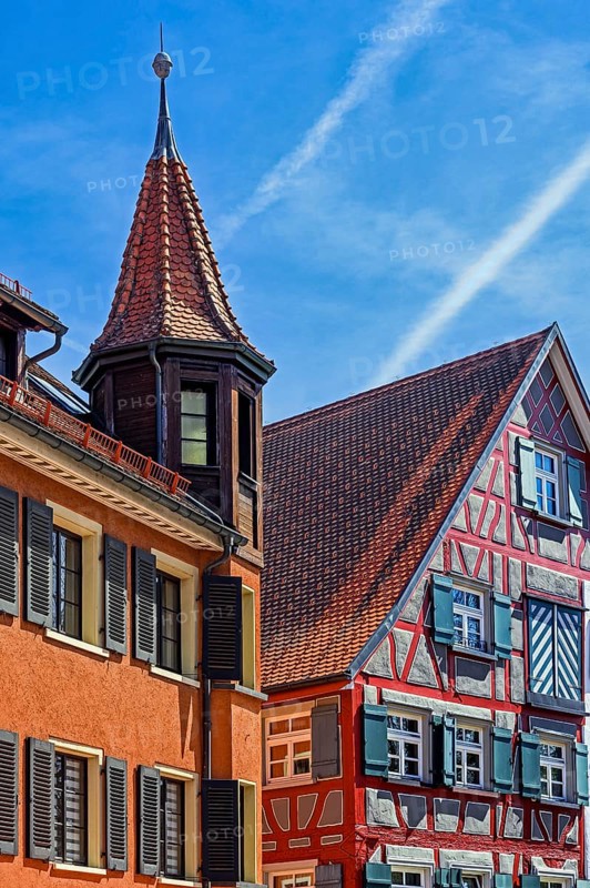 Half-timbered house and facade with turret