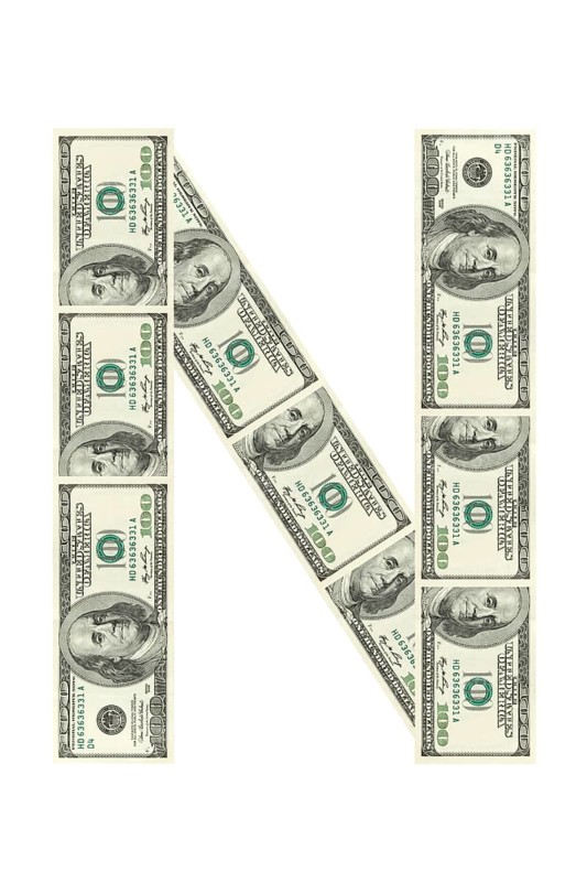 Letter N made of dollars isolated on white background