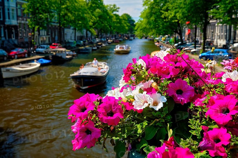 Amsterdam canal with passing boats view over flowers on the bridge Focus on flowers Amsterdam